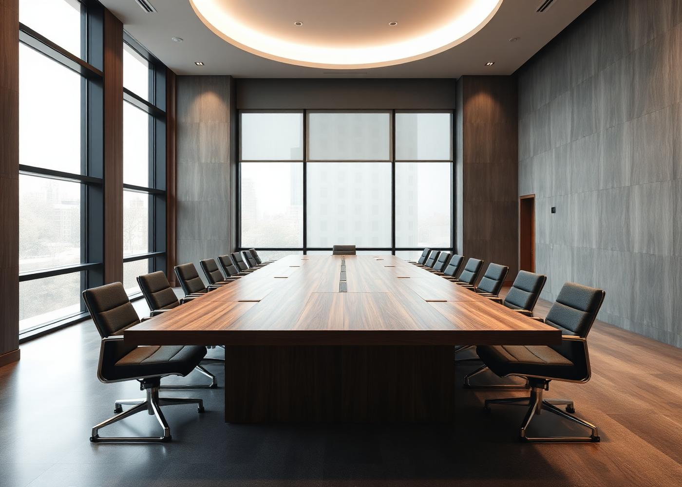 Empty modern boardroom with long wooden table