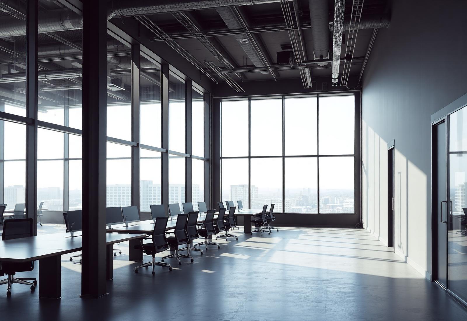 Modern open-plan corporate office with floor-to-ceiling windows